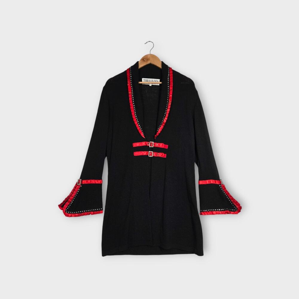 Todd & Olivia Cardigan Jacket Coat Sz 10 Black Knit Red Satin Rhinestones